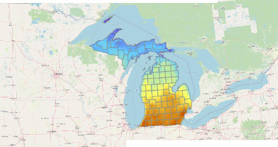 Cumulative growing degree day base 50 map of Michigan.